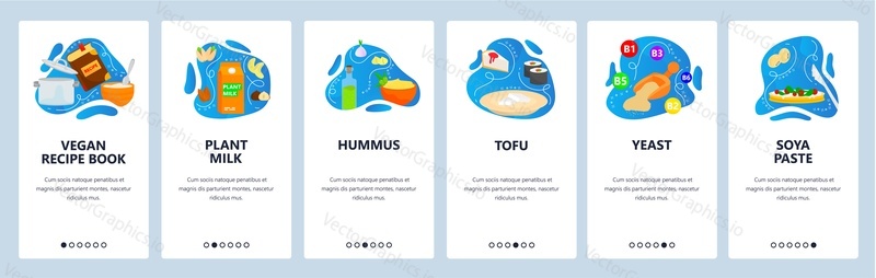 Plant based food icons set. Vegetarian organic and healthy food. Plant milk, hummus, soy beans. Mobile app screens. Vector banner template for website mobile development. Web site design illustration.