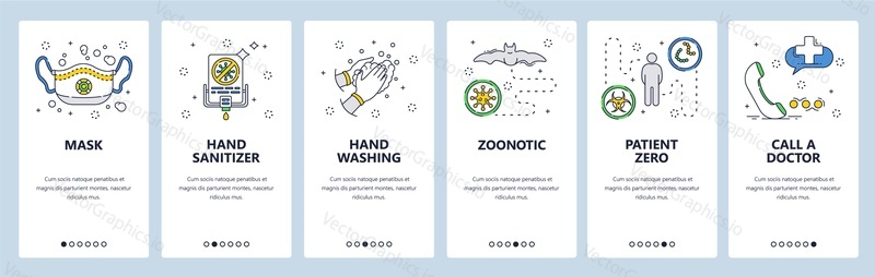 Corona virus protection icons. Face mask, hand sanitizer, zero patient, call a doctor. Mobile app screens. Vector banner template for website and mobile development. Web site design illustration.