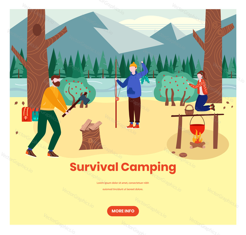 Přežití camping vektor web banner šablony. Mužské a ženské postavy sekání dřeva, sbírání bobulí, rybaření, vaření jídla nad ohněm, retro plochá ilustrace. Přežití v lese, na horách.