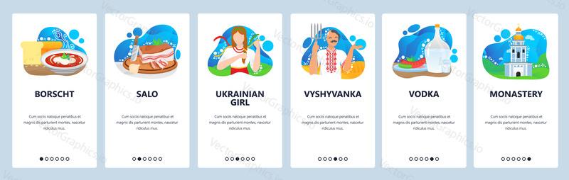 Ukrainian culture website and mobile app onboarding screens. Menu banner vector template for web site and application development. Borscht, salo, monastery. Vyshyvanka ukrainian national clothing.