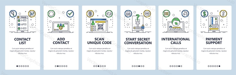 Website and mobile app onboarding screens. Menu banner vector template for web site and application development. Phone contact list, international calls, add contact. Thin line art flat style.