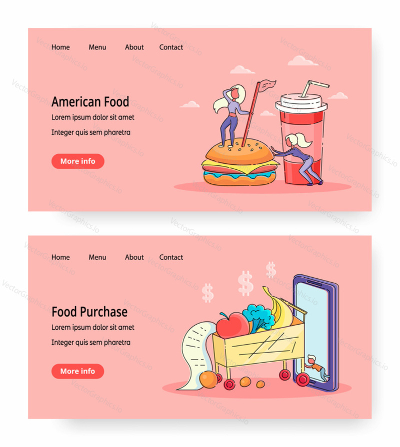 Векторные шаблоны веб-сайтов Food online, дизайн целевой страницы для веб-сайта и разработки мобильных сайтов. Американский фаст-фуд, служба заказа продуктовых товаров, интернет-магазины, электронная коммерция.