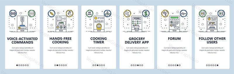 Webové stránky pro vaření potravin a mobilní aplikace onboarding obrazovky. Menu banner vektorová šablona pro vývoj webových stránek a aplikací. Aplikace pro doručování potravin a recepty, fórum tipů na vaření. Tenká čára plochý styl