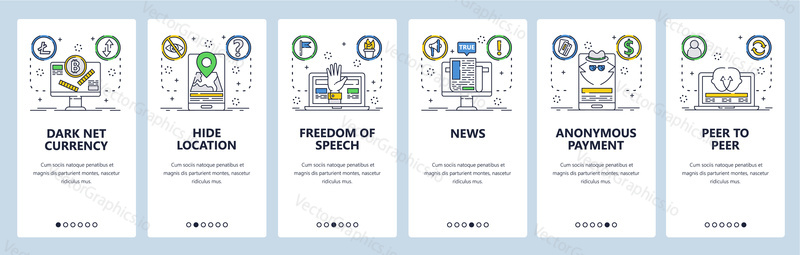 Web Dark net a mobilní aplikace onboarding obrazovky. Menu banner vektorová šablona pro vývoj webových stránek a aplikací. Bitcoin dark net měna, anonymní peer to peer Připojení. Tenká čára umění.