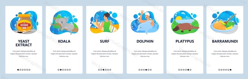 Australian life website and mobile app onboarding screens. Menu banner vector template for web site and application development. Koala platypus animals, surfing, barramundi fish australian native food