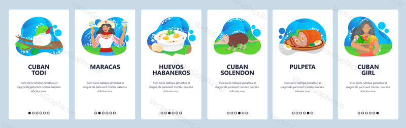 Cuban website and mobile app onboarding screens. Menu banner vector template for web site and application development. Music culture, fauna, people in Cuba. Cuban pulpeta meat loaf, huevos habaneros.