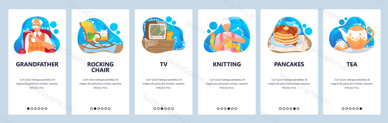 Grandparents website and mobile app onboarding screens. Menu banner vector template for web site and application development. Happy grandma and grandpa watching tv drinking tea. Grandparents lifestyle