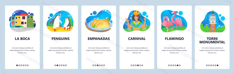 Argentina webové stránky a mobilní aplikace onboarding obrazovek. Menu banner vektorová šablona pro vývoj webových stránek a aplikací. Karneval oslava, růžový plameňák, jídlo, turistické atrakce v Argentině.