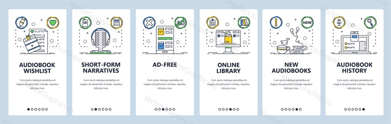 Webové stránky audioknih a mobilní aplikace onboarding obrazovky. Menu banner vektorová šablona pro vývoj webových stránek a aplikací. Aplikace pro poslech audioknih, online digitální knihovna. Tenká linie umění plochý styl.