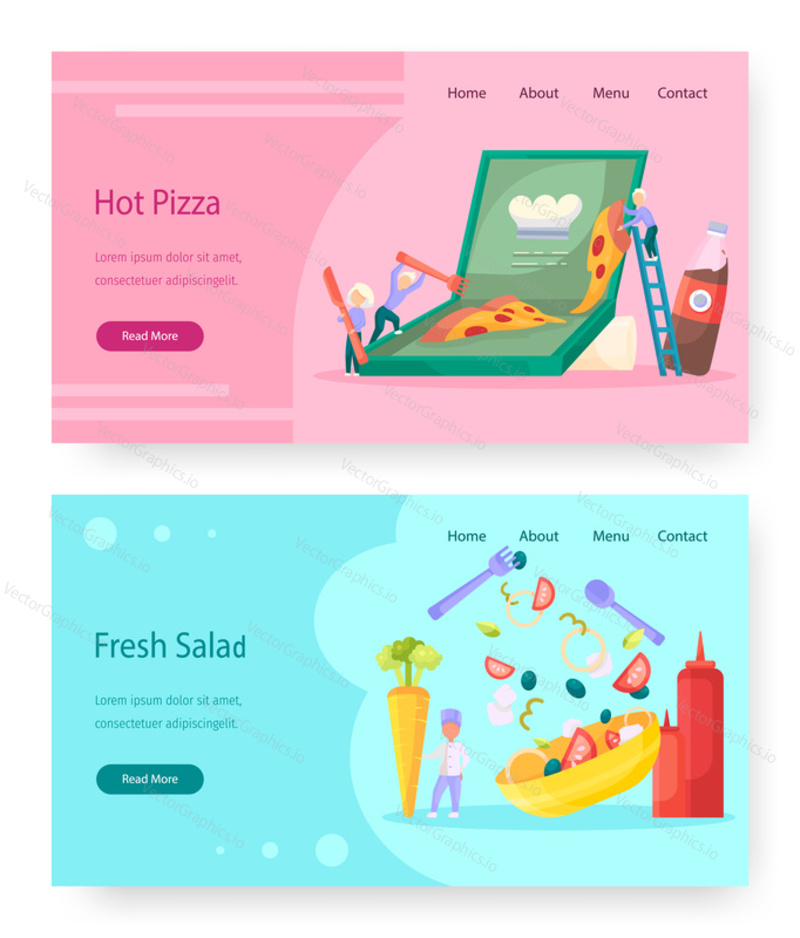 Шаблоны веб-сайтов Food vector, дизайн целевой страницы для веб-сайта и разработки мобильных сайтов. Свежие органические овощные салаты и пицца быстрого питания онлайн-заказ и доставка, книга рецептов.