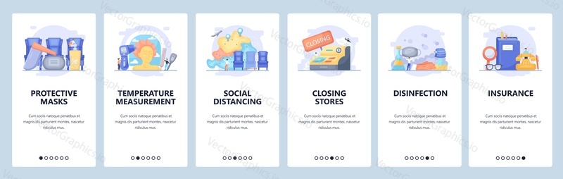 Safe travel during coronavirus pandemic. Protective masks, disinfection, social distancing. Mobile app screens. Vector banner template for website and mobile development. Web site design illustration.