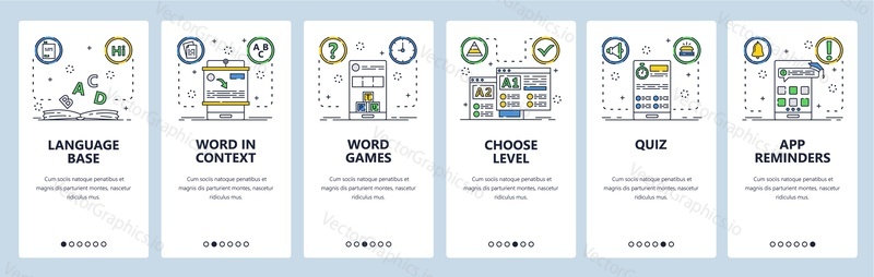 Distance language learning web site and mobile app onboarding screens. Menu banner vector template for website and application development. Foreign language learning app. Thin line art flat style.