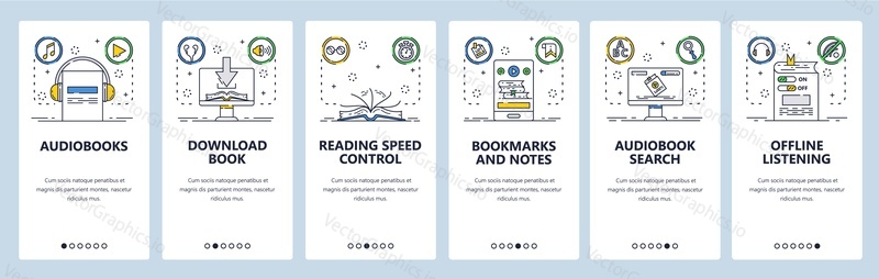 Audiobooks web site and mobile app onboarding screens. Menu banner vector template for website and application development. Audiobook mobile phone app, offline listening. Thin line art flat style.