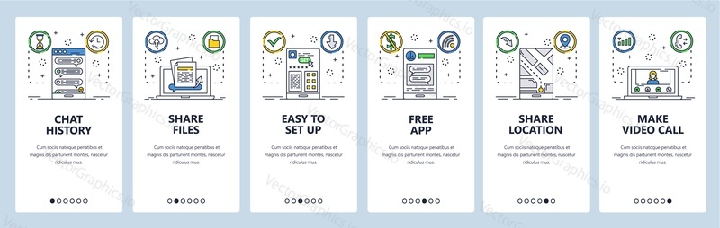 Live chat webové stránky a mobilní aplikace onboarding obrazovky. Menu banner vektorová šablona pro vývoj webových stránek a aplikací. Chat a sdílení souborů, umístění, uskutečnění videohovoru. Tenká linie umění plochý styl.