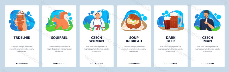 Czech republic website and mobile app onboarding screens. Menu banner vector template for web site and application development. Czech people in national costumes traditional cuisine trdelnik dark beer