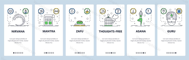 Buddhistický web a mobilní aplikace na palubních obrazovkách. Menu banner vektorová šablona pro vývoj webových stránek a aplikací. Nirvana, asana představuje, mantra, guru, hinduismus, buddhismus app. Tenká čára umění.