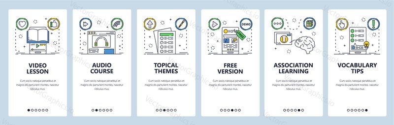 Učení webové stránky a mobilní aplikace onboarding obrazovky. Menu banner vektorová šablona pro vývoj webových stránek a aplikací. Video lekce, audio kurz, online učení. Tenká linie umění plochý styl.