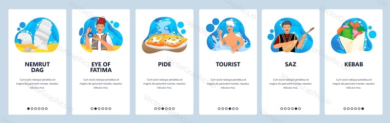 Webové stránky tureckého života a mobilní aplikace onboarding obrazovky. Menu banner vektorová šablona pro vývoj webových stránek a aplikací. Turecké slavné památky, kultura, hudba, pide, kebab tradiční jídlo.