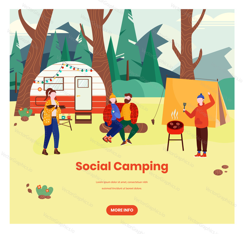 Social camping vector web banner template. People sharing the same interests meeting to camp, eat grilled meat, spend time together. Social campground or campsite in the woods, flat illustration.
