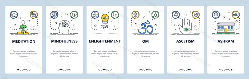 Meditační web a mobilní aplikace onboarding obrazovky. Menu banner vektorová šablona pro vývoj webových stránek a aplikací. Jóga, koncentrace, symboly buddhismu, meditační aplikace. Tenká čára plochý styl.