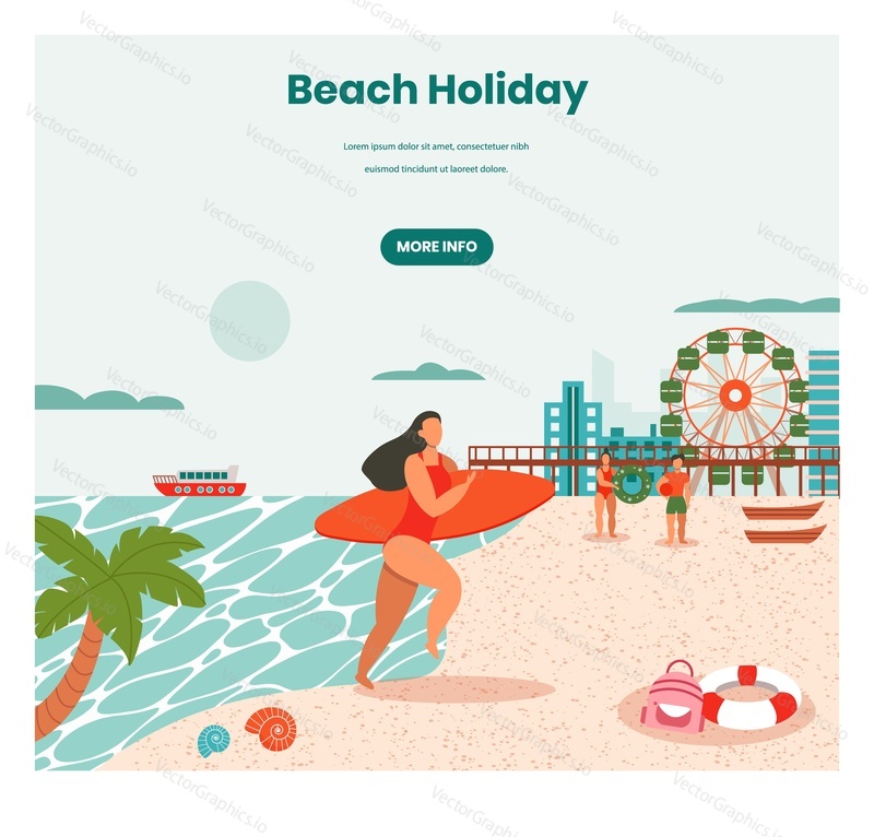Beach holidays vector web banner template. Young woman coming out of the sea with surfboard, retro flat style design illustration. Summer holidays, tropical vacation, surfing, beach water activities.