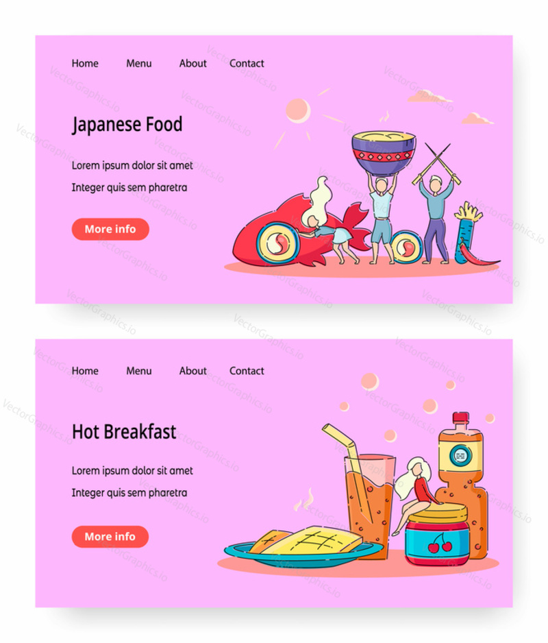 Векторные шаблоны веб-сайтов Food online, дизайн целевой страницы для веб-сайта и разработки мобильных сайтов. Традиционная японская кухня, свежее горячее блюдо на завтрак, онлайн-заказ, служба доставки, книга рецептов.
