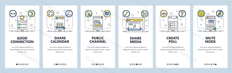 Website and mobile app onboarding screens. Menu banner vector template for web site and application development. Internet connection, share media, public chanel, share calendar. Thin line flat style.