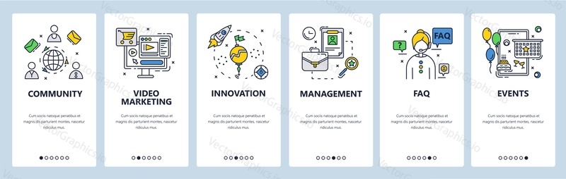 Business community, innovative ideas, management, FAQ, video marketing, company events. Mobile app screens. Vector banner template for website and mobile development. Web site design illustration.