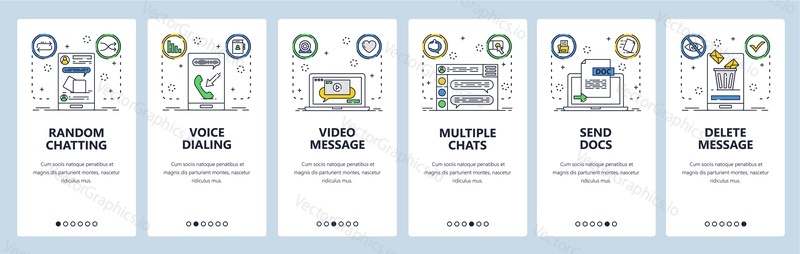 Chat a instant messaging webové stránky a mobilní aplikace onboarding obrazovek. Menu banner vektorová šablona pro vývoj webových stránek a aplikací. Chatujte a posílejte dokumenty, video zprávy. Tenká linie umělecký styl