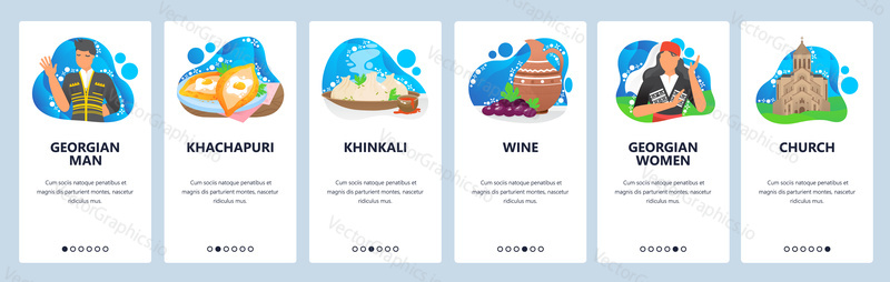 Georgia website and mobile app onboarding screens. Menu banner vector template for web site and application development. Khinkali khachapuri wine. Historical landmarks, traditional clothes in Georgia.