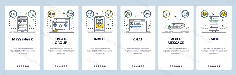 Chat a messaging webové stránky a mobilní aplikace onboarding obrazovek. Menu banner vektorová šablona pro vývoj webových stránek a aplikací. Aplikace Sms messenger, odeslání zprávy ve skupinovém chatu. Tenká linie umělecký styl.