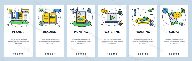 Hobby web a mobilní aplikace onboarding obrazovky. Menu banner vektorová šablona pro vývoj webových stránek a aplikací. Hraní videoher, sledování televize, film, čtení knih koníčky. Tenká čára umění.
