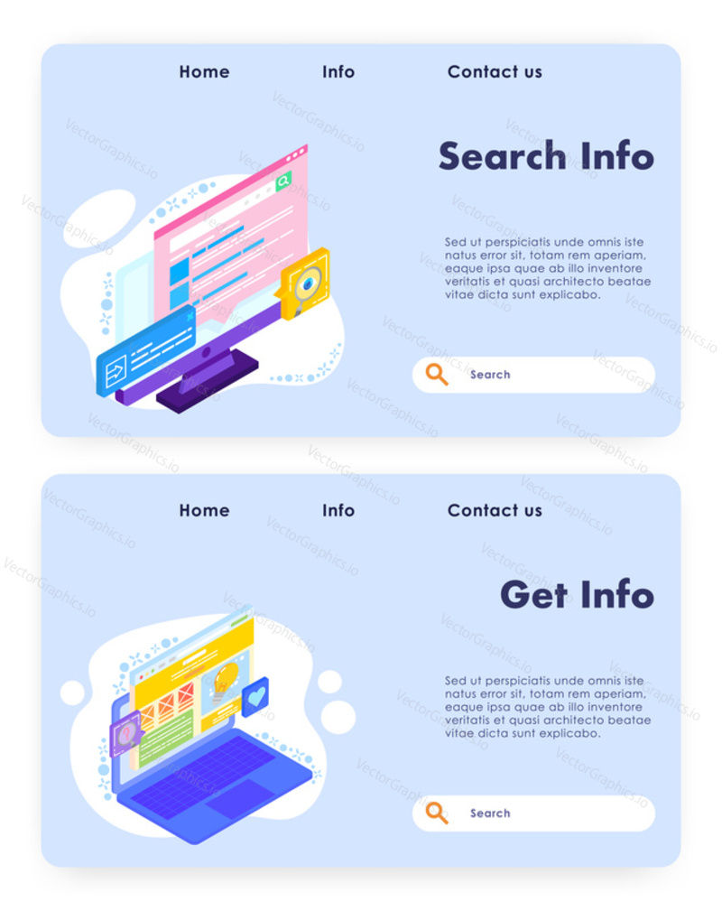 Vector website template, landing page design for website and mobile site development. Search info and get info web banners, flat isometric illustration.