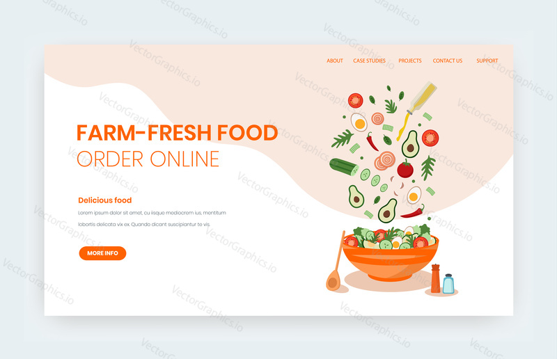 Векторный шаблон веб-сайта Farm fresh food online, дизайн целевой страницы для веб-сайта и разработки мобильных сайтов. Закажите свежие органические фрукты, овощи онлайн, доставку здоровой пищи, бакалею.