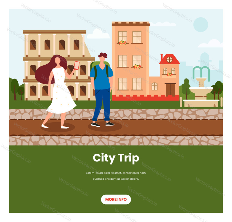 City trip, vector web banner template. Happy traveling couple walking along the street, flat style design illustration. City guests, tourists going sightseeing. Travel, tourism, summer trip, vacation.