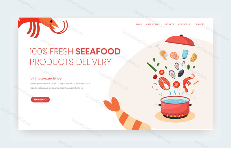 Seafood delivery vector website template, design vstupní stránky pro vývoj webových stránek a mobilních stránek. Objednejte si čerstvé mořské plody online.