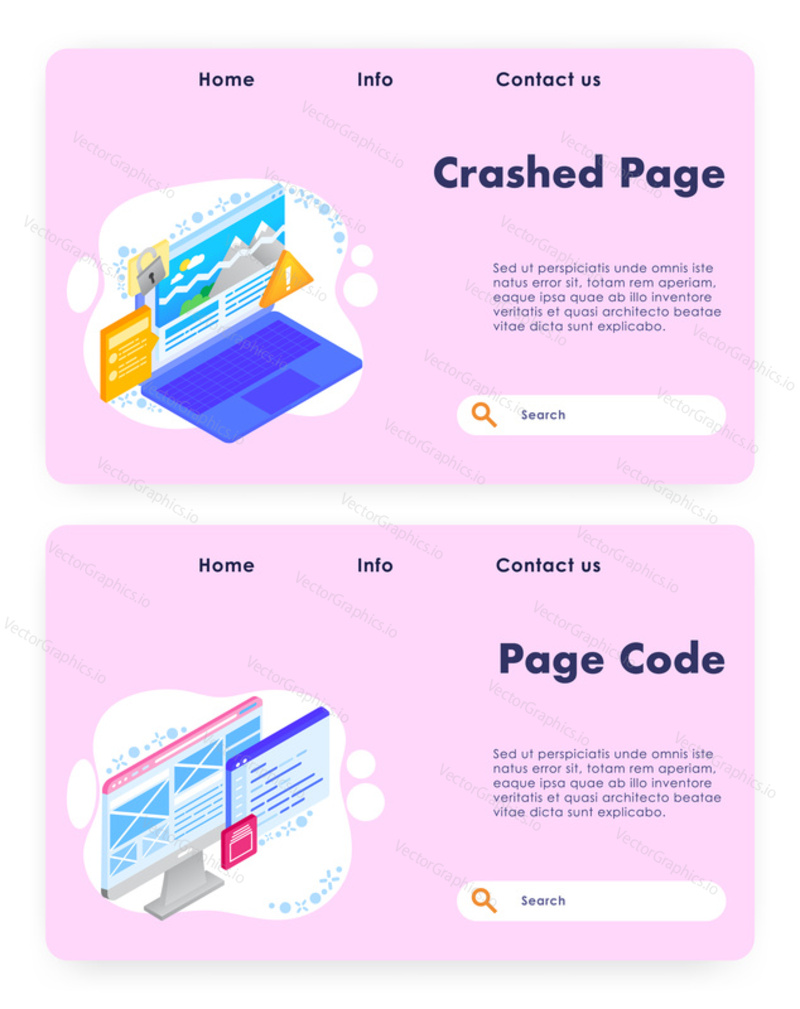 Vector website template, landing page design for website and mobile site development. Web page coding and fixing crash error concept banners, flat isometric illustration.