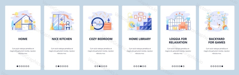 Home interior design. Kitchen, library, bedroom with furniture. Loggia and backyard. Mobile app screens. Vector banner template for website and mobile development. Web site design illustration.