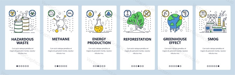 Hazardous waste web site and mobile app onboarding screens. Menu banner vector template for website and application development. Industrial waste, greenhouse gases, air pollution. Thin line art.