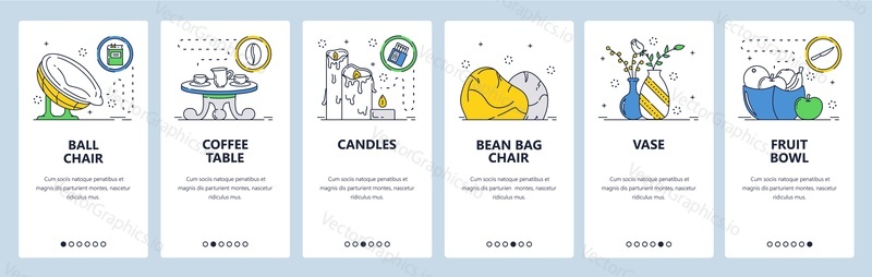 Home interior design, decor, modern furniture. Coffee table, chairs, candles. Mobile app onboarding screens. Vector banner template for website and mobile development. Web site design illustration.