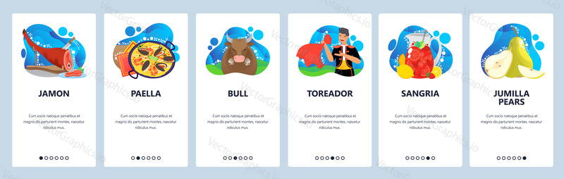 Spain web site and mobile app onboarding screens. Menu banner vector template for website and application development with abstract shapes. Spain culture, traditions, sport of bullfighting and cuisine