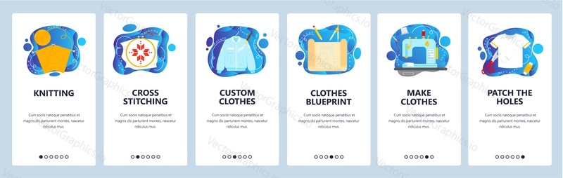 Řemeslo. Šití oděvů, pletení, křížové šití. Krejčovská dílna, ateliér. Mobilní aplikace onboarding obrazovky. Vektorový banner šablona pro webové stránky a mobilní vývoj. Ilustrace designu webových stránek.