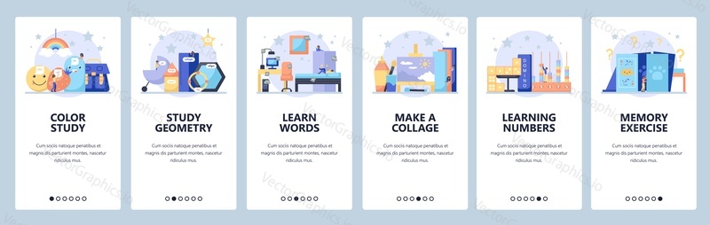 Study colors, numbers, geometry, learn words. Preschool education games. Kids home training. Mobile app screens. Vector banner template for website and mobile development. Web site design illustration