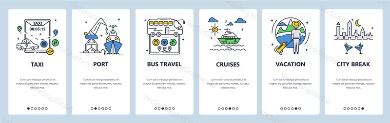 Summer vacation. Bus travel, sea cruise, city break. Mobile app onboarding screens. Vector banner template for website and mobile development. Web site design illustration.