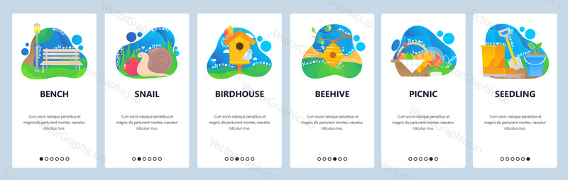 Spring time website and mobile app onboarding screens. Menu banner vector template for web site and application development with liquid abstract shapes. Spring picnic, growing seedlings, beekeeping.