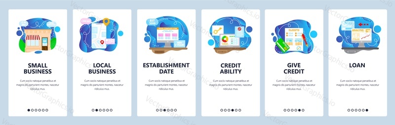 Malá místní obchodní úvěrová schopnost, datum založení, půjčka. Mobilní aplikace onboarding obrazovky. Vektorový banner šablona pro webové stránky a mobilní vývoj. Ilustrace designu webových stránek.