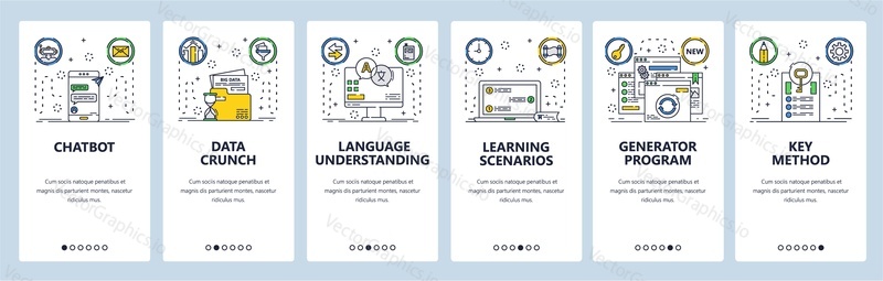 Chatbot web site and mobile app onboarding screens. Menu banner vector template for website and application development. Robot assistant chatbot technology, data crunching. Thin line art flat style.