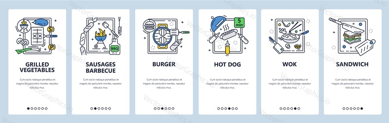 Virtual cooking classes. Online culinary school. Grilled vegetables and sausages, fast food. Mobile app screens. Vector banner template for website and mobile development. Web site design illustration