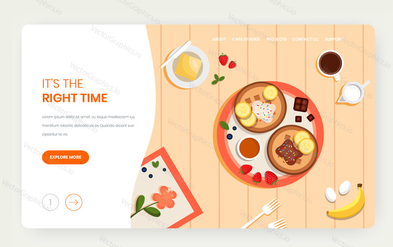 Time to eat food vector website template, landing page design for website and mobile site development. Lunch break, breakfast time concept for restaurant, cafe etc.