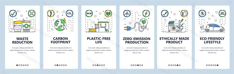 Eco lifestyle web site and mobile app onboarding screens. Menu banner vector template for website and application development. Plastic free, zero emission, eco friendly life. Thin line art flat style